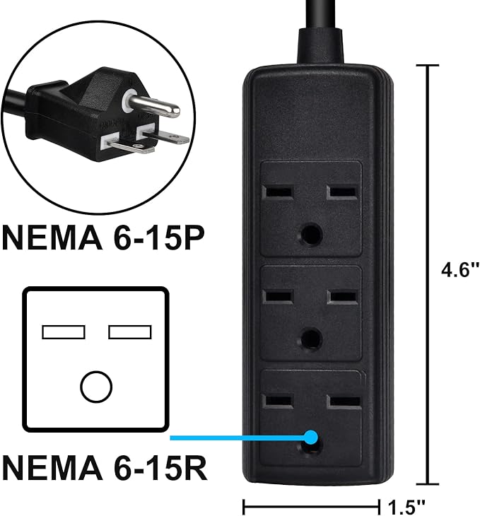 Power Strip, 14AWG NEMA 6-15P 10ft Long Power Extension Cord, Durable Power Extension Cable 240V, 3 Outlets