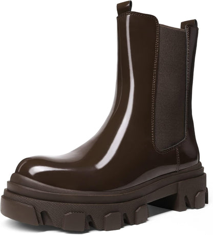 Women's Platform Chelsea Boots Lug Sole Combat Mid Calf Slip On Chunky Ankle Booties