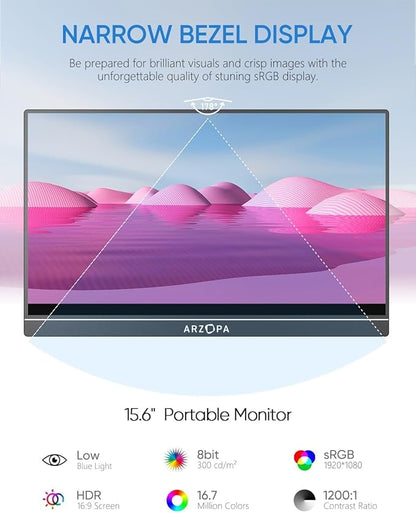 ARZOPA Portable Monitor 15.6'' FHD 1080P - Ultra-Slim Portable Laptop Monitor with Kickstand - IPS Display for PC, MAC, Phone, Xbox, PS5 - USB C  HDMI Connectivity - A1