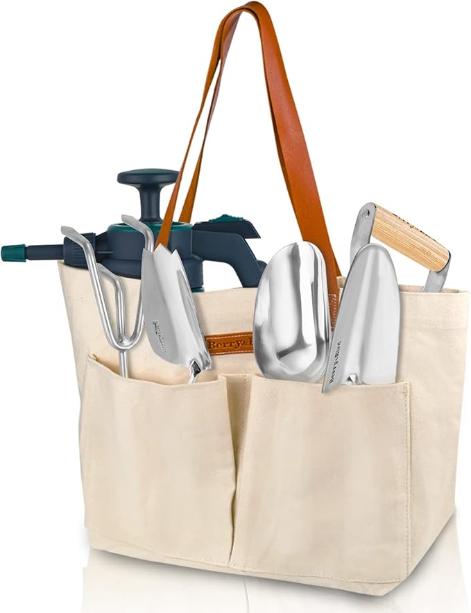 BerryBird Garden Tool Bag, Canvas Garden Tote With Pockets, Wear-Resistant Multi-Purpose Tool Storage Bag, Home Organizer Gardening Tool Kit for Indoor and Outdoor Gardening, 21.65" x 7.09" x 13.78"