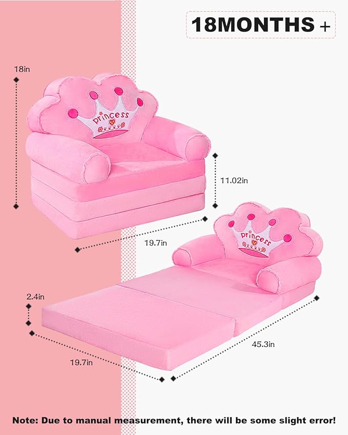 MOONBEEKI Kids Couch Fold Out, Foldable Princess Chair for Toddlers 1-3, Sofa Bed for Kids Folding Toddler Bed Lounger Chair for Bedroom (Pink)