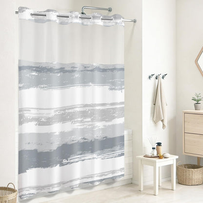 No Hook Shower Curtain and Liner Set, Grey and White Striped Hotel Shower Curtains for Bathroom, Minimalist Waterproof Bathroom Curtain Sets with Snap in Liner Mesh Top Window, 71x74 Inch