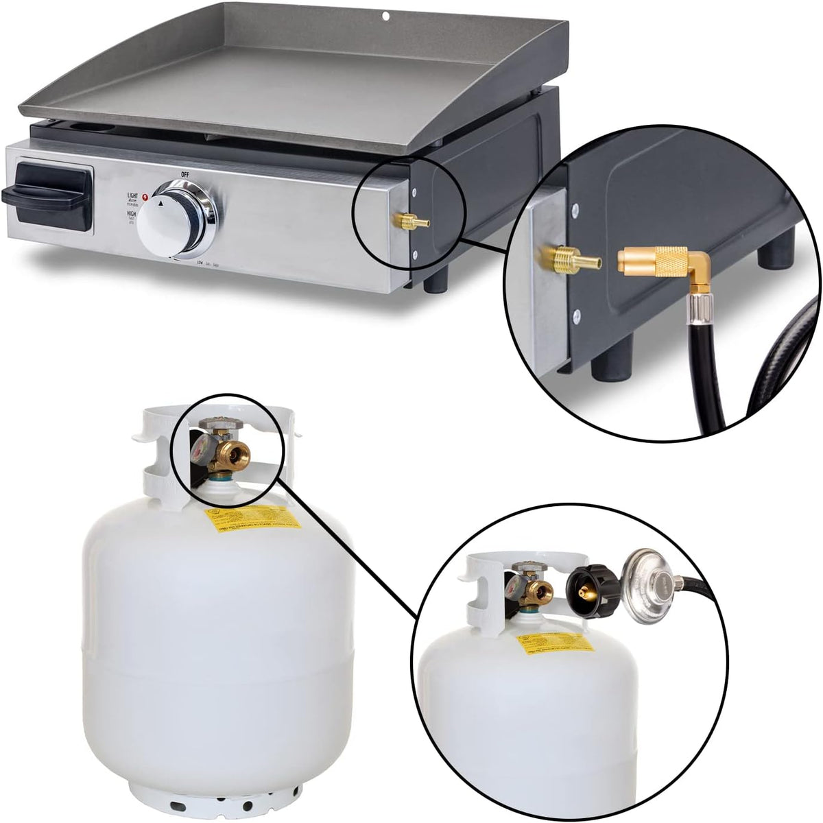 DOZYANT 6 Feet Propane Regulator and Hose with Elbow Adapter for Blackstone 17 inch and 22 inch Table Top Griddle, Replacement Parts Connect to Large 20 Propane Tank