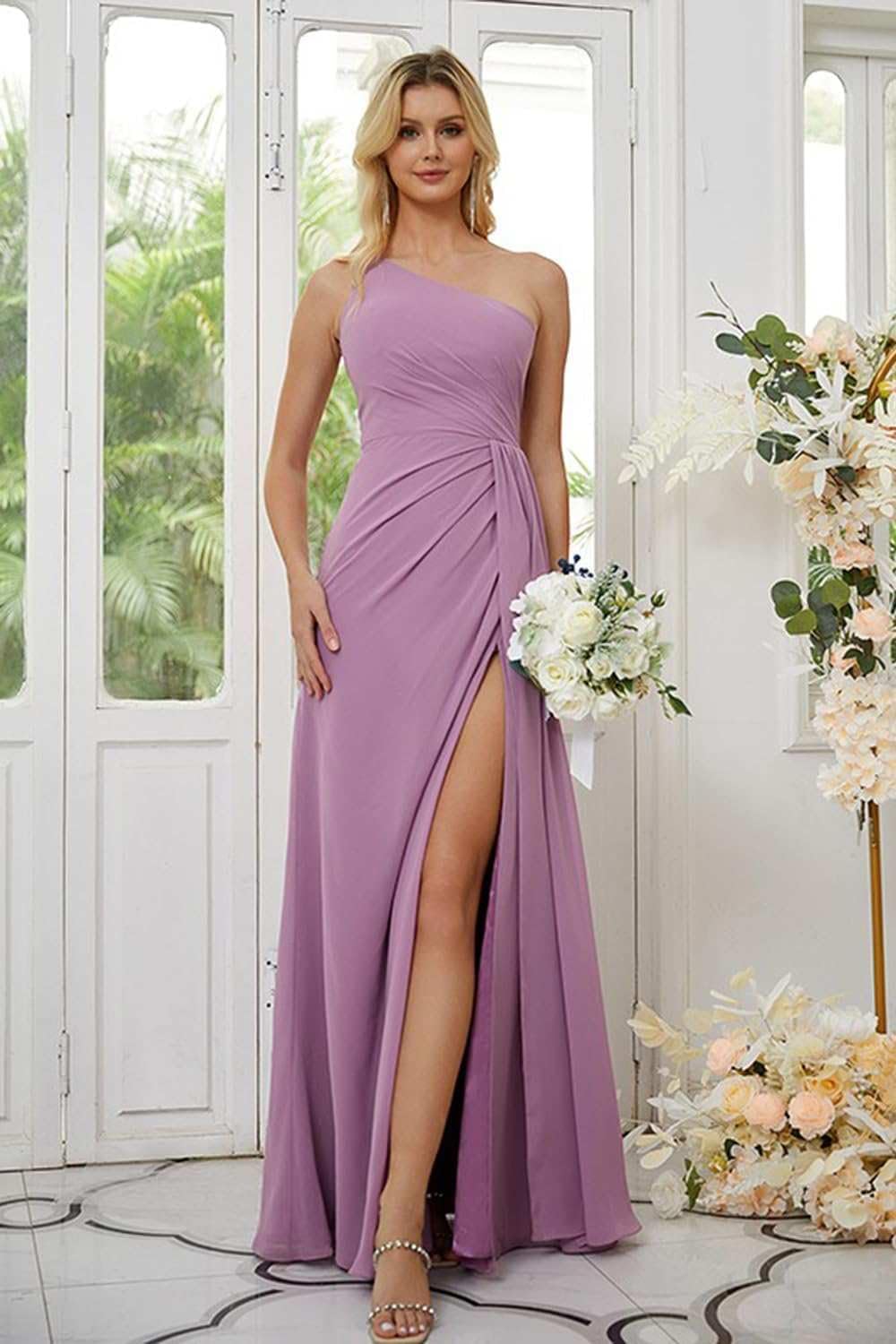 Bolodoo One Shoulder Bridesmaid Dresses for Women Ruched Chiffon A Line Evening Formal Gown with Slit .