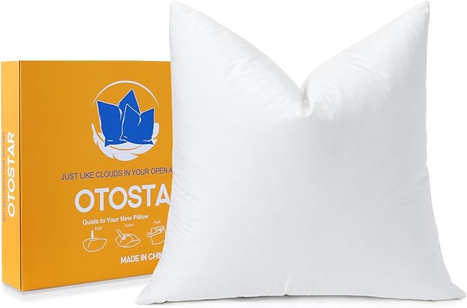 OTOSTAR Pack of 1 Down and Feather Throw Pillow Inserts, 20 x 20 Soft Fluffy Square Pillow Inserts with 100% Cotton Cover Decorative Pillows for Sofa Couch Bed-White