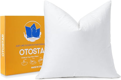 OTOSTAR Pack of 1 Down and Feather Throw Pillow Inserts, 20 x 20 Soft Fluffy Square Pillow Inserts with 100% Cotton Cover Decorative Pillows for Sofa Couch Bed-White