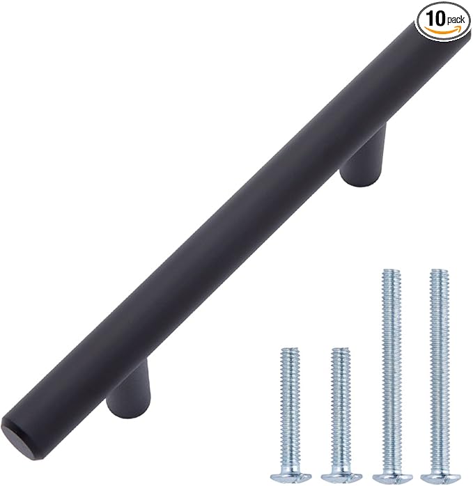 Basics Euro Bar Cabinet Handle (12-inch Diameter), 5.38 in Length (3 in Hole Center), Flat Black, Pack of 10, AB1500-FB-10
