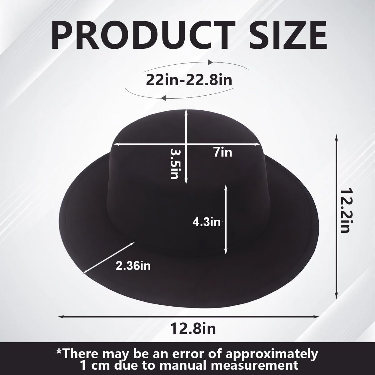 1PCS Black Classic Flat Top Blend Fedora Hat Brim Church Derby Cap for Unisex Men Women Head Circumference 22-22.8in