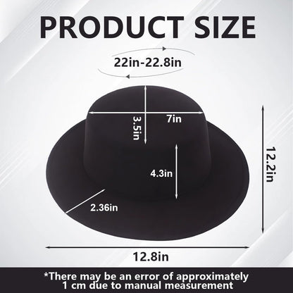 1PCS Black Classic Flat Top Blend Fedora Hat Brim Church Derby Cap for Unisex Men Women Head Circumference 22-22.8in