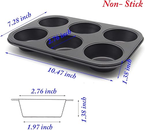 Muffin Pan 6 Cup Cupcake Baking Pan No Stick Carbon Steel Easy Clean