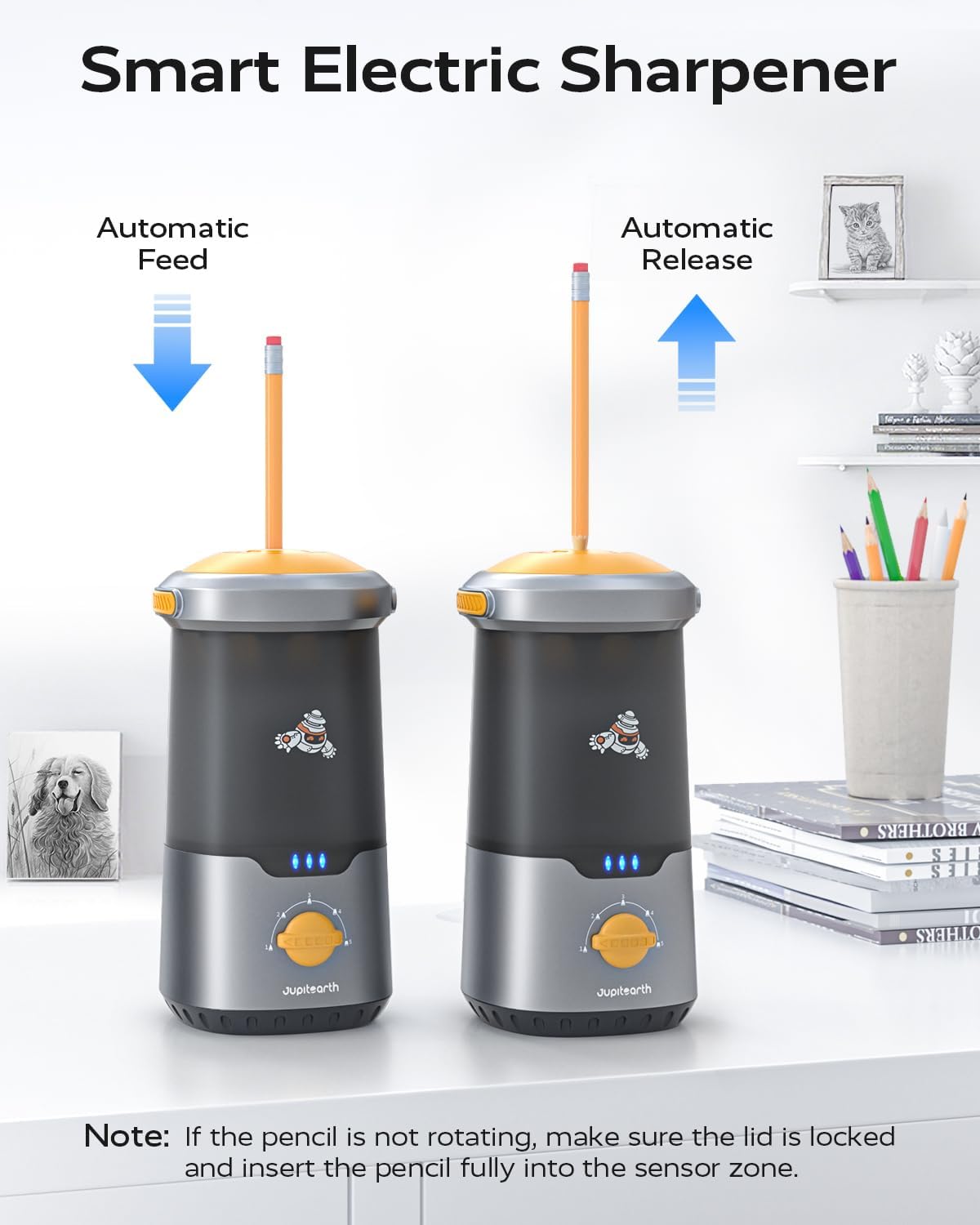 JUPITEARTH Electric Pencil Sharpener for Kids, Hands-Free, Rechargeable, Auto in & Out Spaceship Fully Automatic Pencil Sharpener Fits 6.9-11mm Colored/No.2 Pencils for Classroom Home Office