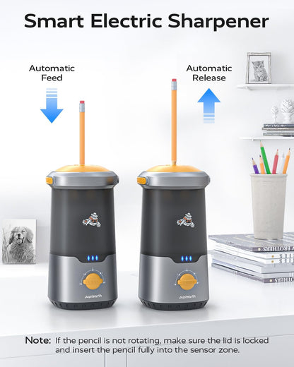 JUPITEARTH Electric Pencil Sharpener for Kids, Hands-Free, Rechargeable, Auto in & Out Spaceship Fully Automatic Pencil Sharpener Fits 6.9-11mm Colored/No.2 Pencils for Classroom Home Office