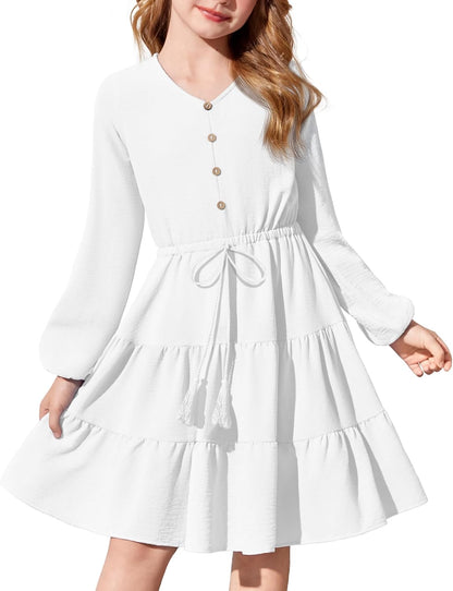 Size 12, Arshiner Tween Girls Dresses Fall Long Sleeve V Neck Waist Tie Ruffle Tiered Swing Skater Dress.