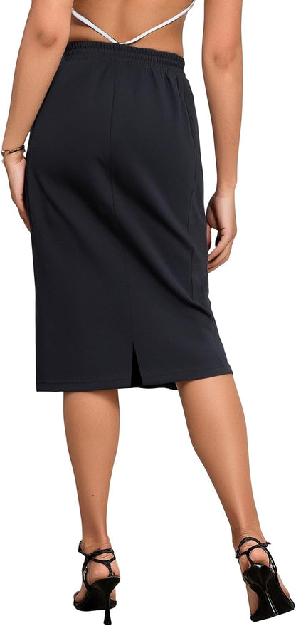 Women's Causal High Waist Midi Skirt Drawstring Solid Athletic Skirt with Pockets