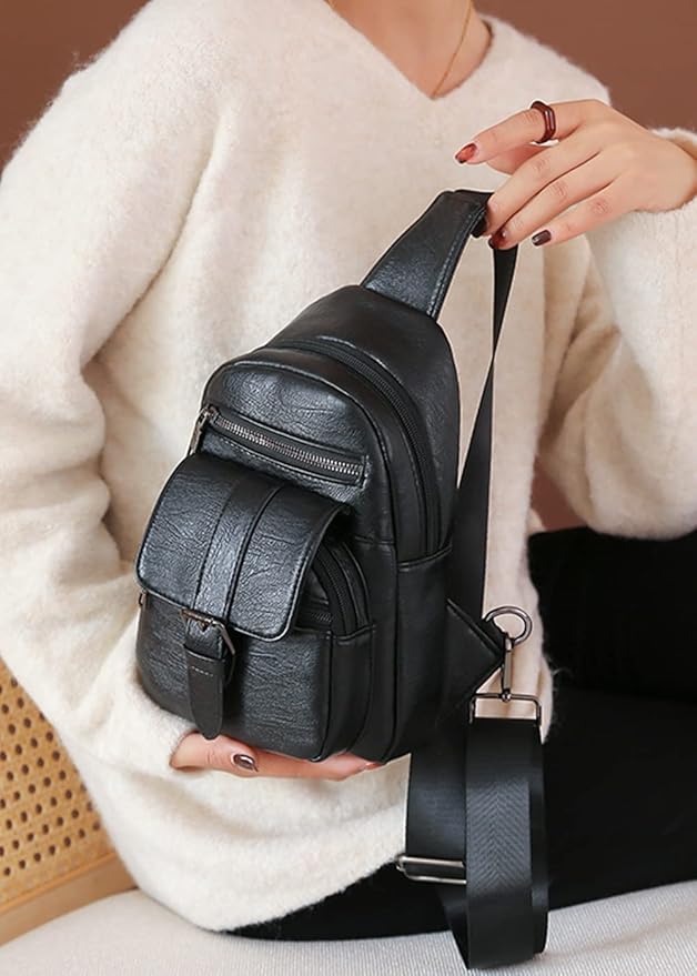 Women Chest Bag Sling Bag Multiple pockets Crossbody Bags Casual Daypacks Purse-Black