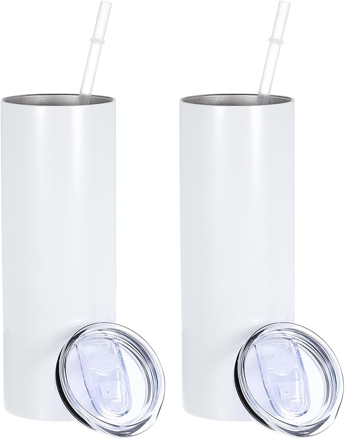 PATIKIL 20oz Sublimation Glitter Tumbler, 2 Pcs Stainless Steel Double Wall Insulated Sublimation Cups with Lid and Straw for Heat Transfer, White