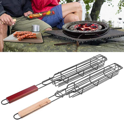 2Pcs Grilling Basket, Bbq Kabob Barbecue Net, Stainless Steel Nonstick Barbecue Mesh Sausage Grill Basket for Hot Dog Kitchentool Picnic Camping