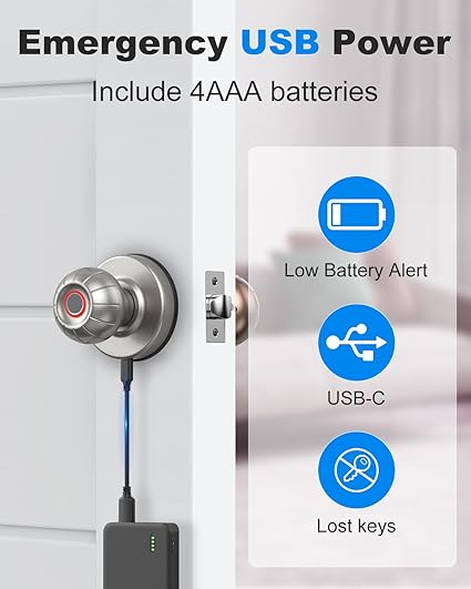 Smart Door Knob, Fingerprint Door Knob Biometric Fingerprint Smart Door Lock Keyless Entry Door Lock for Home, Office, Hotel, Bedroom, Garage, Pantry, Apartment
