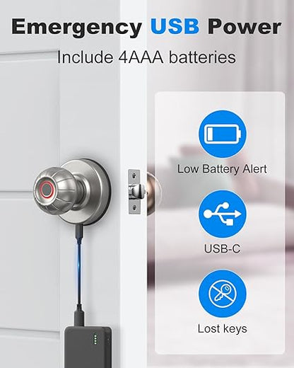 Smart Door Knob, Fingerprint Door Knob Biometric Fingerprint Smart Door Lock Keyless Entry Door Lock for Home, Office, Hotel, Bedroom, Garage, Pantry, Apartment