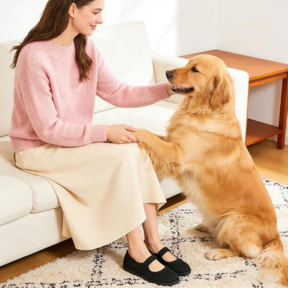 Waluzs Wide Toe Box Flats Shoes Women Knit Ballet Flats Mary Jane Dress Flat Wide Width Walking Shoes Slip-on with Strap.