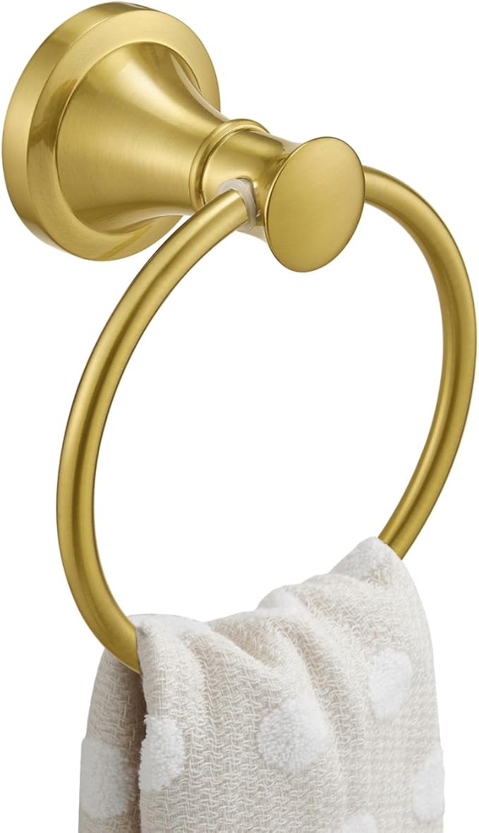 BESy Brushed Gold Bathroom Hand Towel Ring Towel Holder, Rustproof Wall Mounted Bathroom Hardware Accessory SUS 304 Stainless Steel Towel Rack