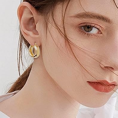 JeanBeau Gold Plated Chunky Hoop Earrings for Women, Trendy Statement Thick Hollow Lightweight Huggie Hypoallergenic Earing Jewelry Gift