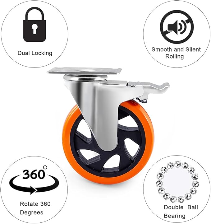 5" Swivel Plate Casters Wheels with Screw Safety Dual Locking and Polyurethane Foam No Noise Wheels,Heavy Duty-550 Lbs Per Caster