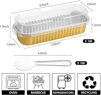 Ruckae 100 Pack Mini Loaf Pans with Lids and Spoons Disposable Aluminum Tin Foil Pans Rectangle Mini Loaf Cake Pan for Baking,Party,Picnics,Gifts (Gold)