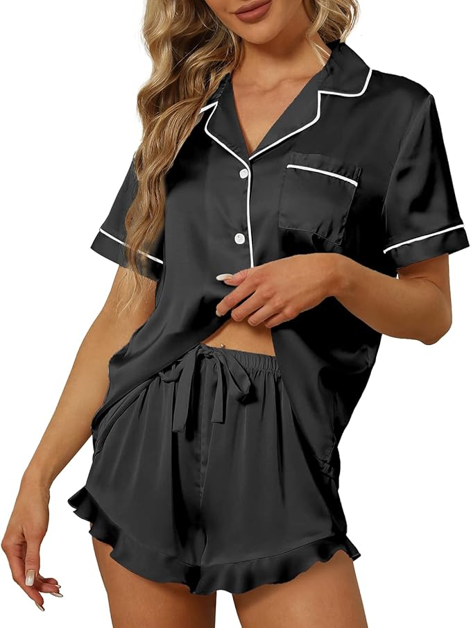 SAPJON Satin Silk Pajamas for Women 2Pcs Ruffle Notch Collar Sleepwear Button Down Short Sleeve Shorts Pjs Set Loungewear