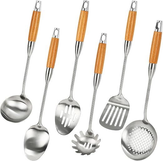 6 Pieces Stainless Steel 304 Kitchen Cooking Utensil Set, Metal 18/8 Stainless Steel Utensil Spatula Sets Cookware for Kitchen with Wood Handle