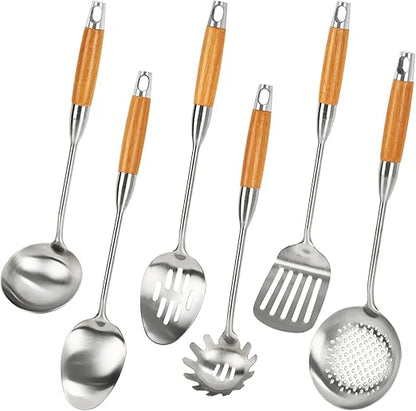 6 Pieces Stainless Steel 304 Kitchen Cooking Utensil Set, Metal 18/8 Stainless Steel Utensil Spatula Sets Cookware for Kitchen with Wood Handle