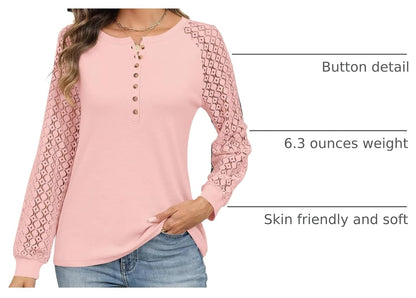 Medium TICTICMISS Women's Lace Long Sleeve Shirts Henley Crewneck Tops Business Casual Fall Blouses