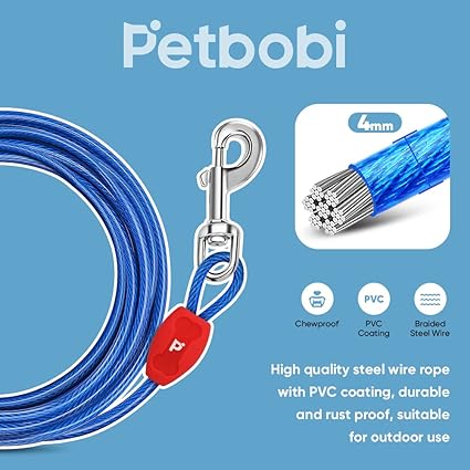 Petbobi Dog Tie-Out Cable 30ft - Outdoor Leash 4mm Metal Cable with Shock Absorbing Spring 360 Swivel Clips, Chain for Dogs Yard Camping, Fit Small Medium Large Pets Up to 120lbs, Blue