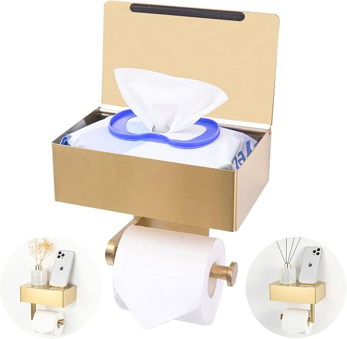 Adhesive Toilet Paper Holder with Shelf and Storage, Wall Mount Toilet Paper Roll Holder  Flushable Wipes Dispenser Set Fits Any Bathroom, Stainless Steel Tissue Holder-Round, Gold