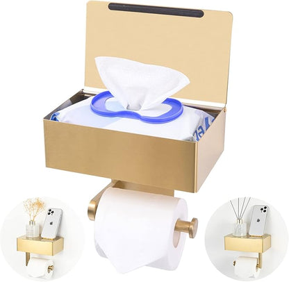 Adhesive Toilet Paper Holder with Shelf and Storage, Wall Mount Toilet Paper Roll Holder  Flushable Wipes Dispenser Set Fits Any Bathroom, Stainless Steel Tissue Holder-Round, Gold