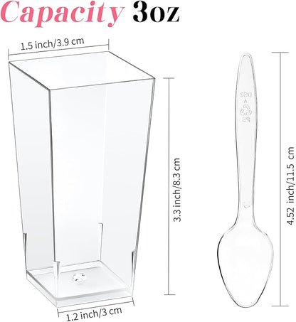 Kucoele 50 Pack 3oz Mini Dessert Cups with Spoons, Square Tall Shooter Cups Clear Plastic Party Serving Cups for Parfait, Appetizer, Pudding, Yogurt and Ice Cream