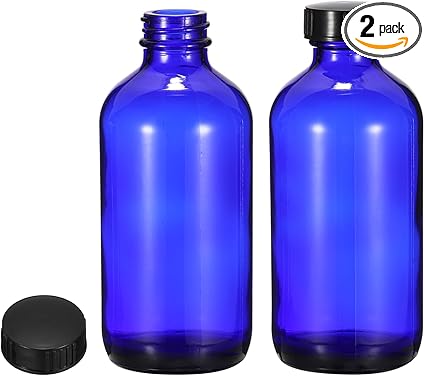PATIKIL 8oz(240ml) Glass Sample Bottles, 2Pcs Round Bottle Dispensing Bottles with Black Poly Cone Cap for Reagent Liquids, Essential Oils, Perfume, Blue