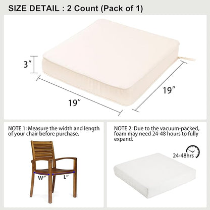 19x19x3 Inch Outdoor Square Corner Chair Cushions with Ties Set of 2, Water&Fade Resistant Thick Seat Cushion Pads for Garden Patio Dining Porch Furniture - Cream Ivory