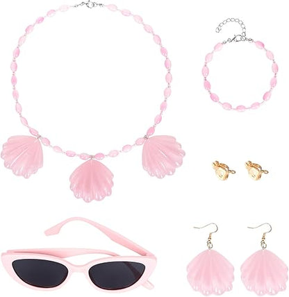WeKen Women Pink Sunglasses+Shell Necklace+Pink Shell Shape Earrings+Pink Bracelet Set Costume Dress Up Accessories for Women 4 Piece (Wig not Included)