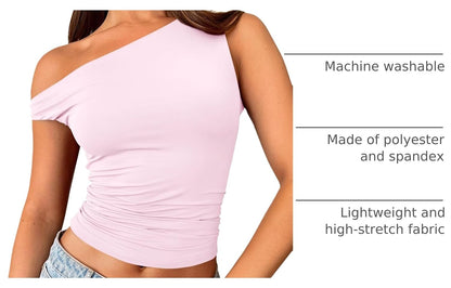 Soft, stretchy off-the-shoulder crop top with asymmetrical neckline; suitable for casual, going-out, or workout wear.