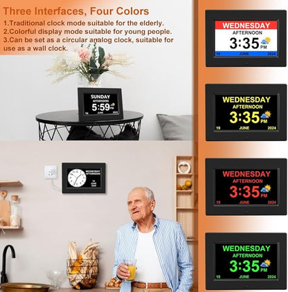 AINFTIME Digital clock with date and day of the week for the elderly-12 alarms, medication reminder, dementia, Alzheimer's, calendar with extra large screen (7 inches, black)