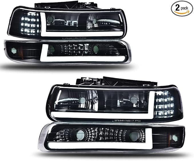 PIT66 LED DRL Headlights, Compatible with Chevy Silverado 1999-2002 Suburban Tahoe 2000-2006 Headlamp, Smoky lens Black Housing Amber Reflector