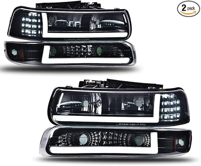 PIT66 LED DRL Headlights, Compatible with Chevy Silverado 1999-2002 Suburban Tahoe 2000-2006 Headlamp, Smoky lens Black Housing Amber Reflector