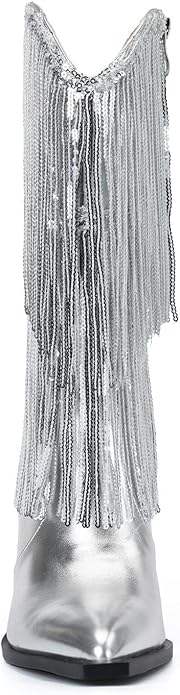 VARECOLA Fringe Western Cowboy Boots Metallic Cowgirl Boots for Women Pointed Toe Mid Calf Boots Fashion Party Boots