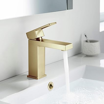 KIBI KBF1002 Solid Brass Single Handle Bathroom Sink Faucet  High Arc Cubic Spout Lavatory Faucet in Brushed Gold  Corrosion-Resistant, Modern Design, Easy to Install