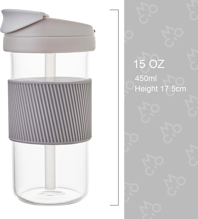 COMI Glass Travel Coffee Tumbler, Smoothie Cup Travel Dual-use Glass Coffee Cups with Lids Coffee Travel Cup with straw - 15 oz - Ash Grey