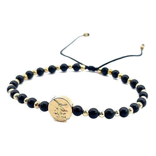 St Michael Archangel Coin and Natural Round White Turquoise Beads Adjustable Bracelet for Women (Black Mate Onix)