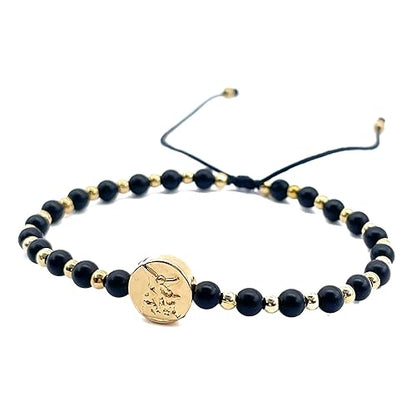 St Michael Archangel Coin and Natural Round White Turquoise Beads Adjustable Bracelet for Women (Black Mate Onix)