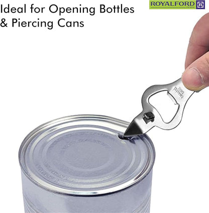 Stainless Steel Bottle Opener  Opener with forked Church Key and Crown Cork  Ideal for opening Bottles and Piercing Cans  Ergonomically Designed Handle with Hanging Loop  Stylish Design