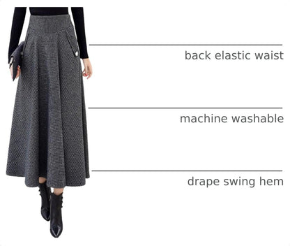 chouyatou Women's Elegant Houndstooth Plaid A Line Pleated Swing Midi Long Wool Skirt with Pockets
